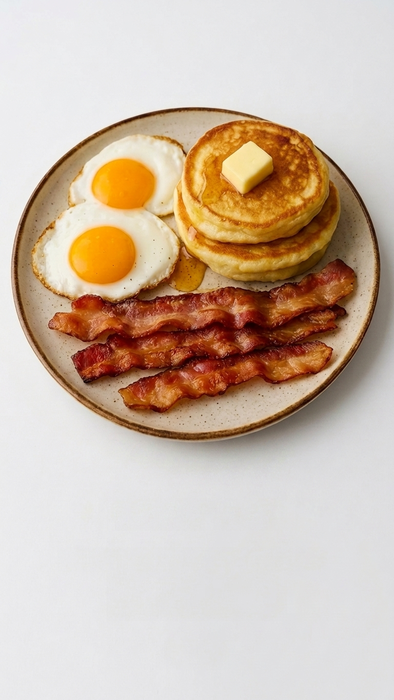 Tortitas con mantequilla y miel, huevo y bacon